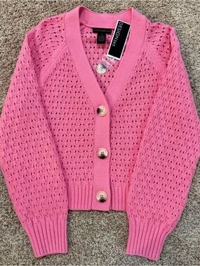 Design 365 Pink Open-Knit Crochet Button-Front Cardigan